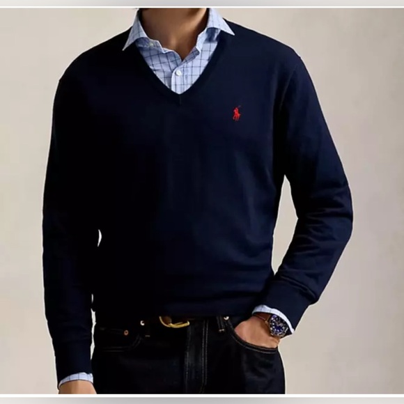 Polo Ralph Lauren Other - NWT Polo Ralph Lauren SOLID NAVY BLUE COTTON V-Neck Sweater Men's 5XB RED Pony